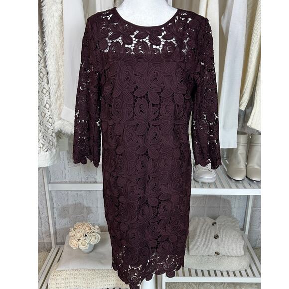 loft Dresses & Skirts - Loft Women's Sz 6 Dark Burgundy Purple 3/4 Sleeve Lace Sheath Dress  #0524